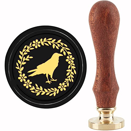 CRASPIRE Crow Wax Seal Stamp Halloween Sealing Wax Stamps Wreath Raven 30mm Retro Vintage Removable Brass Stamp Head with Wood Handle for Wedding Invitations Christmas Thanksgiving Gift Packing - style: Crow Wreath Raven