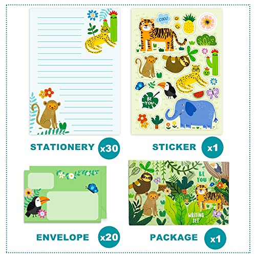 Lined Stationary Paper and Envelopes Set for Kids Safari Animal Stationary Set with Lined Letter Writing Paper 30 Sheets + 20 Envelopes, 8.3 x 5.9 Inch of Each Stationary Paper - style: Safari