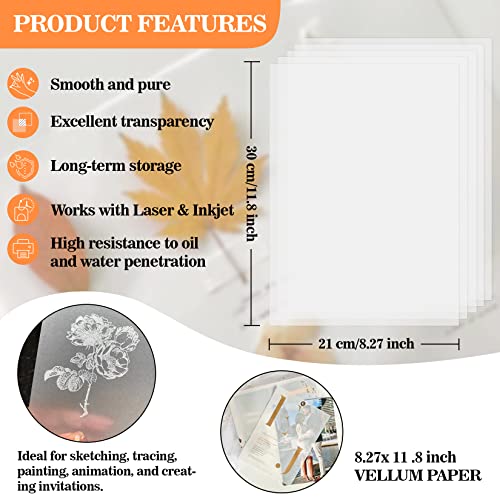 Vellum Paper 8.27 x 11.8 Translucent-Printable - Translucent Vellum Paper Tracing for Crafts Tracing,Drawing,Card Overlays,Invitation Envelope 30 Sheets