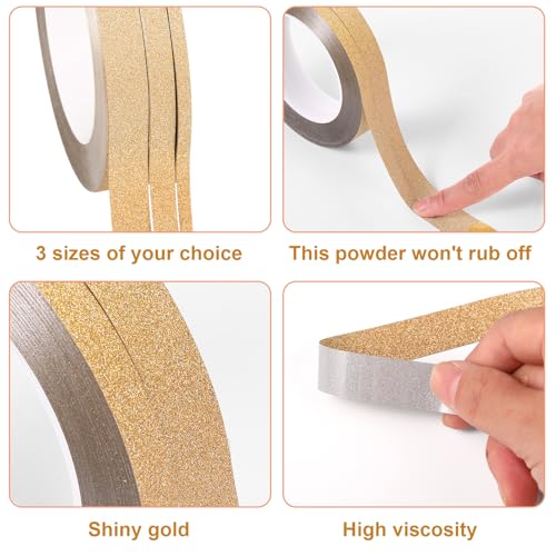 Zonon Glitter Gold Washi Tape for Wall Decor Self Adhesive 5/10/15mm | Glitter Gold Foil Pinstripe Tape, Mirror, 3 Widths Total 164 Yards, Easy to Apply for Furniture Car Arts Graphic Decoration - color: Glitter Gold, size: 5/10/15mm