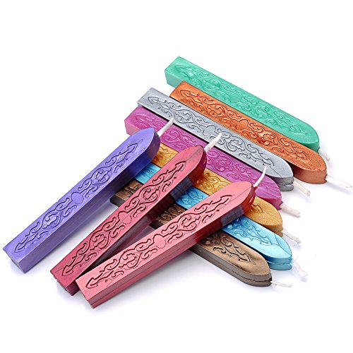 Yoption 10Pcs Multi-Color Sealing Wax Sticks with Wicks for Wax Seal Stamp | Embossed Pattern Wax Sticks for Wedding Invitation, Christmas Card, Envelope, Snail Mail, Wine Package, Gift Wrapping - color: 10 Colors