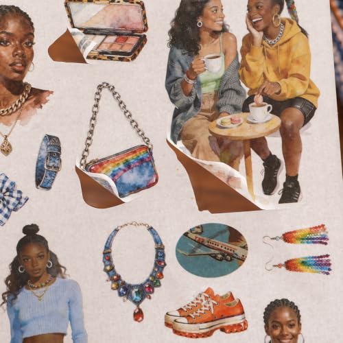 Black Women Sticker Book, 500+ Fashion Ladies and Clothes Shoes Bags Scrapbook Stickers for Junk Journals 20 A5 Scrapbook Papers, Retro Washi Sticker Book for Adults, Ephemera Scrapbooking Supplies - color: Black Girl