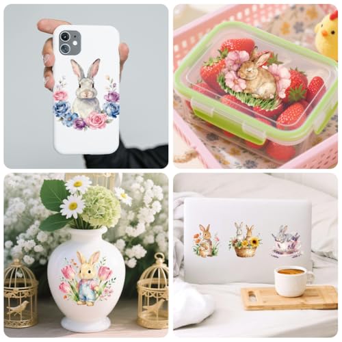 Peacoblue Rabbit with Flowers Rub On Transfers for Craft, Transfer Sticker | 18 Sheets UV DTF Transfers, Waterproof Rub On Decals for Wood, Glass, Furniture, Tumblers & Home Decor Crafts - style: Rabbit with Flowers