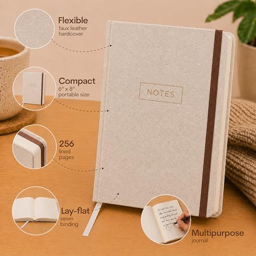 WORLD TRAVELER Eccolo Medium Lined Journal Notebook, A5 Writing Journal, 256 Ruled Ivory Pages, Ribbon Bookmark - color: 6X8 Tan
