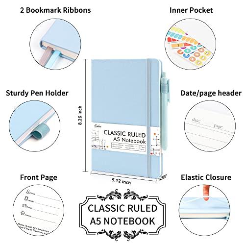 feela 18 Pack Journal Notebook for Work, Business Notebook Bulk Hardcover Lined Writing Journal with Pen Holder for Men Women Note Taking, with 18 Black Pens, 120 GSM, 5.1”x8.3”, A5, Light Blue - color: 18 Light Blue