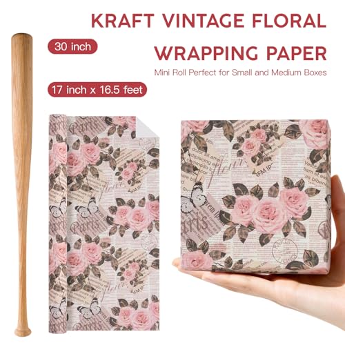 WRAPAHOLIC Kraft Vintage Floral Wrapping Paper Roll - Mini Roll - 17 Inch x 16.5 Feet - Retro Paris Rose Butterfly Newspaper Wrapping Paper for Birthday, Wedding, Anniversary, Bridal Shower - color: Kraft Newspaper - Paris & Floral