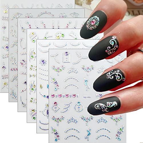 20 Sheet 3D Nail Art Stickers, 3D Laser Silver/Rhinestones Design Luxury Self-Adhesive Nail Decals Customized Geometric&Stripe Line Nail Stickers for Women Gils Nail DIY Decoration Accessories - color: 20 Sheets Silver/Rhinestones Design Nail Stickers
