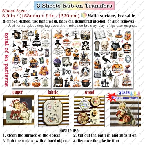 CATaireen Rub on Transfers for Crafts Vintage Scrapbooking Stickers Small Decals Adults Journaling DIY Supplies Use for Fabric Paper Wood Stone Canvas Acrylic Cloth (Halloween) - style: Halloween