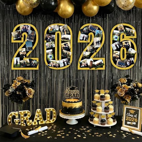 Eaasty 4 Pcs 2026 Graduation Photo Display Decoration Picture Display Board Frame Collage Graduation Decorations Gold Glitter Paper Cutouts with Self-Adhesive Dots for Wall College Class of 2026 Party