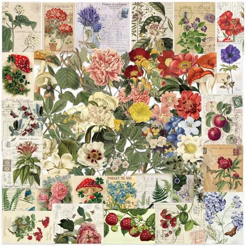 50-Piece Clear Vintage Cottagecore Aesthetic Floral & Plant Scrapbook Stickers - Waterproof Retro Botanical, Wildflower, Postcard Flower Decals for Journals, Art Crafts, Card Decoration - color: Cottagecore Floral