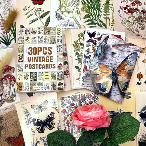 LCLAIDYDY Vintage Postcards for Mailing,Set of 30 Post Cards 4x6,Butterfly Mushroom Botanical Cottagecore Ephemera Postcard Pack for Wall Collage Collection - size: Set of 30