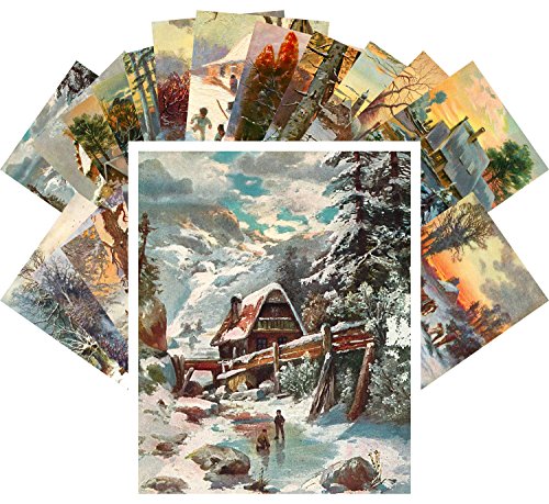 PIXILUV Vintage PostCards 24 pcs Winter Country Landscapes Vintage Christmas Art - color: Blue
