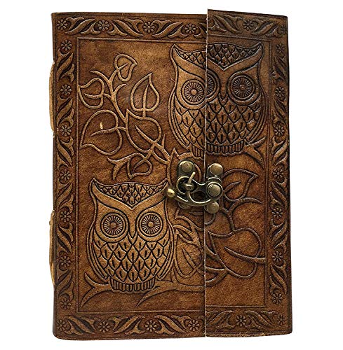 CREATIVE LEATHER ART Vintage Owl Leather Journal 8x6 Lock Notebook - color: Vintage Brown, size: 8 x 6 Inch