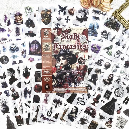 Vintage Scrapbook Stickers Book with 557pcs Stickers for Junk Journal Supplies, Aesthetic Washi Sticker Book for Journaling Dark Night Theme Ephemera for Junk Journal, Scrapbooking Supplies for Adults - color: Night Fantasies