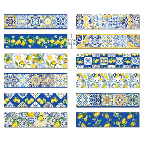 12 Pcs Lemon Washi Tape Set Blue Tiles and Yellow Lemon Patterned Masking Tape Blue Tiles Decorative Paper for Scrapbook DIY, Planner, Craft Gift Wrapping Handbook Sticker