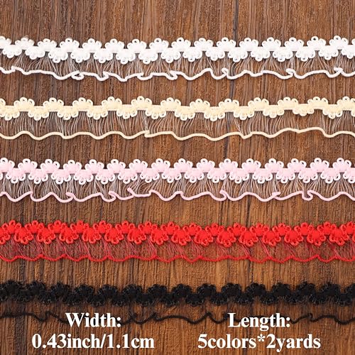 IDONGCAI 10 Yards Elastic Lace Trim, 0.4 Inch Stretch Ruffle Ribbon for Sewing & DIY Crafts, 5 Assorted Colors (White, Cream, Pink, Red, Black)