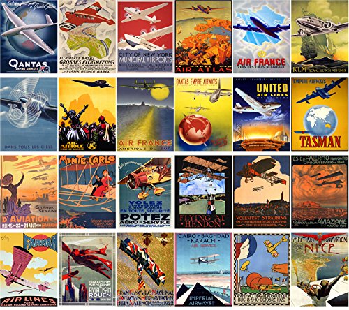PIXILUV Vintage PostCards 24 pcs Vintage Travel Posters Aviation Planes European - color: Six