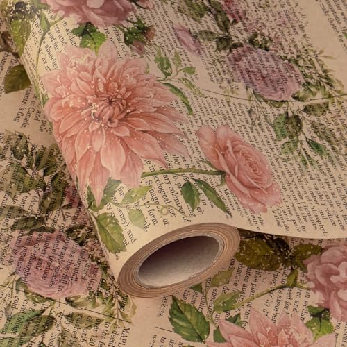 WRAPAHOLIC Kraft Vintage Floral Wrapping Paper - Mini Roll - 17 Inch x 16.5 Feet - Retro Rose Flower Letter Print Newspaper Kraft Wrapping Paper for Birthday, Wedding, Bridal Shower, Anniversary - color: Floral Letter