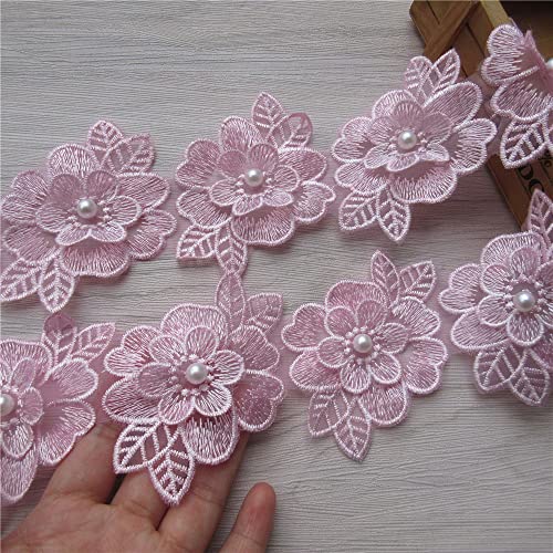 2 Yards 3D Flower Lace Trim Pearl Embroidered Polyester Lace Ribbon Fabric Applique Patchwork for Wedding Dress Handmade DIY Sewing Craft Supplies Decoration (Pink) - color: Pink