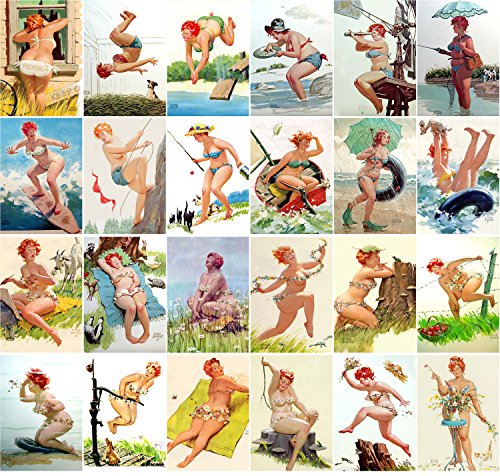 PIXILUV Pinup Postcard Pack 24pcs Chubby Sexy Girl Redhead Hilda Vintage Illustrations - color: Lavender