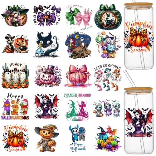 UV DTF Cup Wraps for 16 oz, 20 Sheets Halloween Uvdtf Cup Wraps for Tumblers, Glass Cups, Rub on Transfers for Crafts, UV DTF Stickers, Cold Transfer Stickers, Vinyl Decals for Mugs Coffee - style: Halloween-01