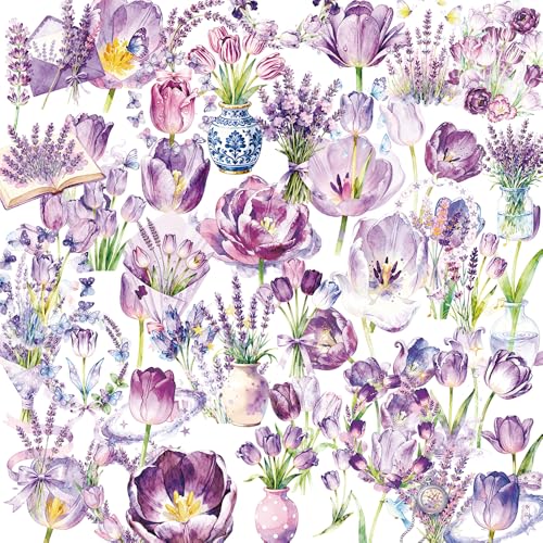 56Pcs Natural Flower PET Stickers Set | Transparent floral decals with lavender and tulip designs for scrapbooking, journals,laptops and personal decor. - style: Purple Tulip Floral