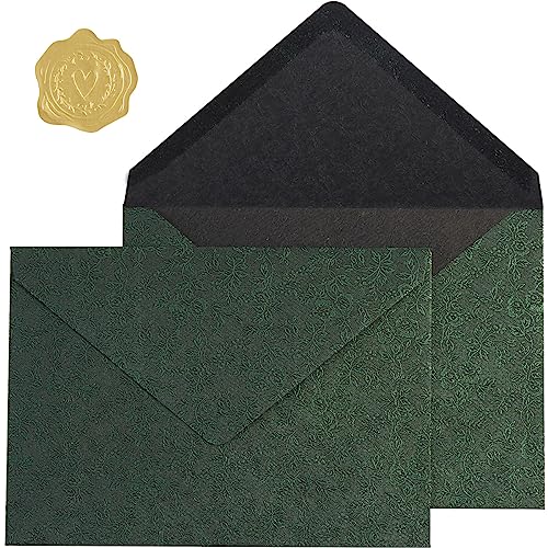 50 Pieces A7 Envelopes 5x7 with Gold Stickers, Rose, Dark Green | Vines Flower Texture Pattern, V Flap Luxury Mailing for Invitations, Wedding, Graduation, Baby Shower - color: Rose - Dark Green