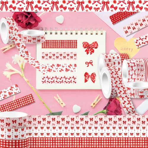 Red Bow Washi Tape Set - 12 Rolls Valentine Masking Tape for Journal Crafts