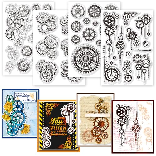 GLOBLELAND 4 Sheets Gear Mechanical Clear Stamp for Scrapbooking Flowers Silicone Stamps Steampunk Transparent Stamp Set for Card Making DIY Embossing Journaling - color: Mechanical Gear
