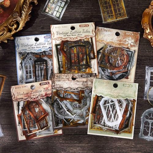 120 Pieces Vintage Window Frame Aesthetic Stickers for Scrapbooking | Waterproof PET Decals for Bullet Journals, Planners, Decorative Cutouts Stickers for Adult DIY Crafts - color: Vintage Lattice Tales