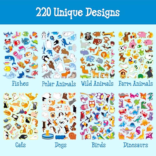 1100PCS Animal Stickers, 220 Designs Wild/Marine/Farm Animals Decals-Dogs, Cats, Dinosaurs, Cute Motivational Reward Stickers, Decorative Sticker for Kids, Animal Party, Scrapbook, Craft (40 Sheets) - style: Animal