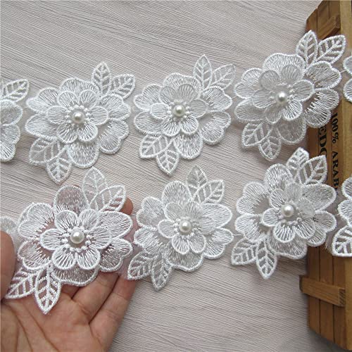 2 Yards 3D Flower Lace Trim Pearl Embroidered Polyester Lace Ribbon Fabric Applique Patchwork for Wedding Dress Handmade DIY Sewing Craft Supplies Decoration (White) - color: White