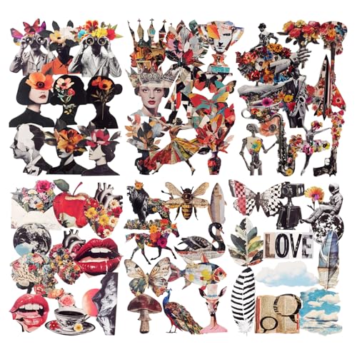 60 Pcs Vintage Collage Cardstock Stickers for Scrapbooking | Six surreal themes with portraits, florals, animals and retro ephemera, pre-cut and self-adhesive for journaling and crafts - color: Vintage Dream Collage