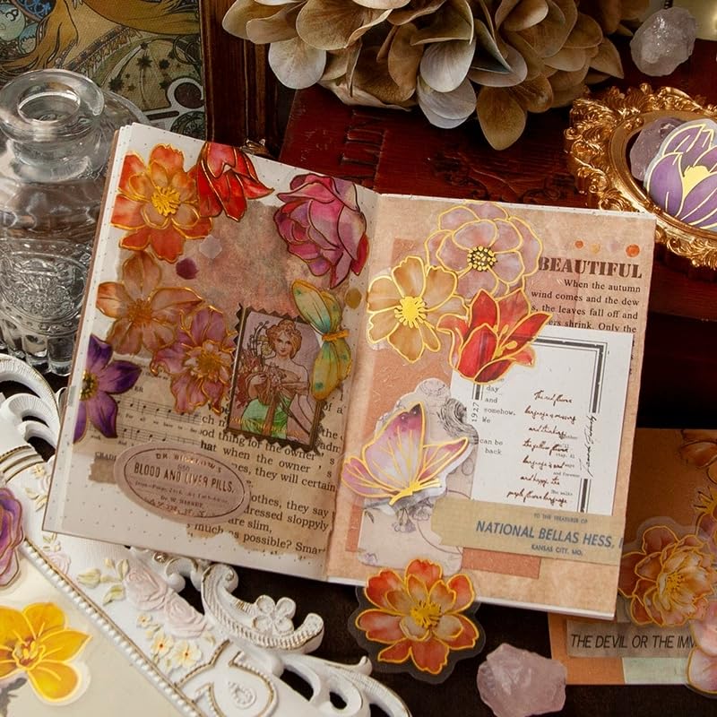 240 PCS Beautiful Flowers Scrapbook Stickers Kit Cute Flowers PET Transparent Waterproof Stickers Set for Junk Journal Journaling Water Bottles Phone Laptop Decals Pack for Teens Girls Kids Adults