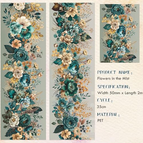 Sitsink PET Tape for Journal Scrapbooking - Vintage Teal Green Floral PET Tape Stickers for Crafts Junk Journal Supplies Notebook Scrapbook DIY Décor - style: Misty Bloom