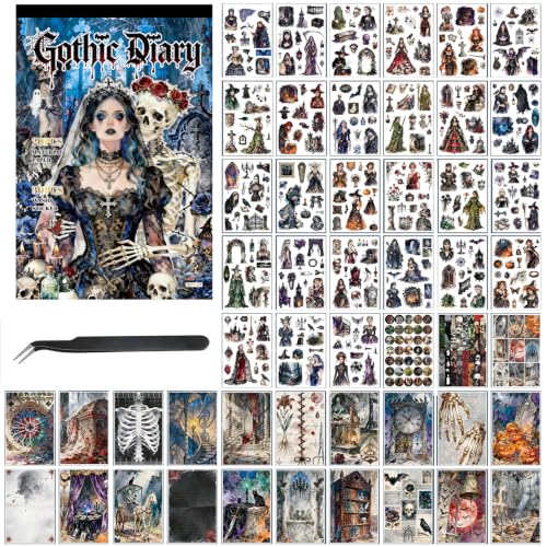 Dark Aesthetic Gothic Stickers, 500+ Pre-Cut Washi Stickers 20 Scrapbook Papers Horror Decals for Junk Journal Supplies, Vintage Rose Washi Sticker Book for Adults Planner Laptop Collage Journaling - color: Gothic Diary
