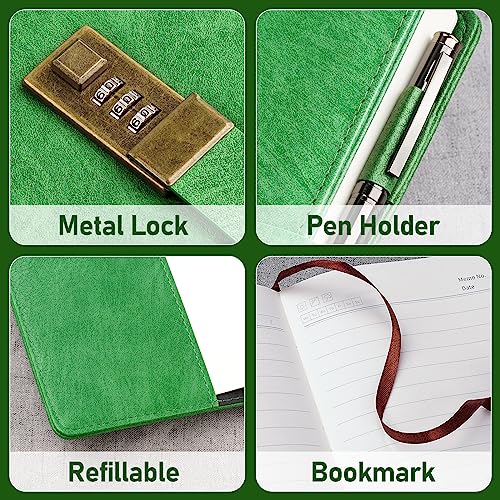 WEMATE Diary with Lock, A5 PU Leather Journal with Lock 240 Pages Green | Vintage Lock Journal Password Notebook with Pen & Gift Box, Lock Diary Planner Organizer for Men and Women, 8.6x5.8in - color: Grass Green