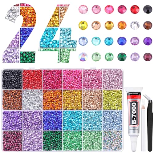 24000Pcs Resin Rhinestones for Bedazzling with Tweezers, Multicolor 3mm Rhinestones for Crafting with B7000 Jewelry Glue for DIY Crafts Clothing Tumblers Shoes Fabric Nail Art - color: 24 Colors Resin| 3mm, size: Large Pack with Glue