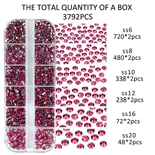 12 Grids 3792pcs Rose Flatback Rhinestones Set for Nail, Art, Crafts, Makeup, Tumblers Glitter Round with Tweezers and Picking Pen(SS6~SS20) - color: Light Rose