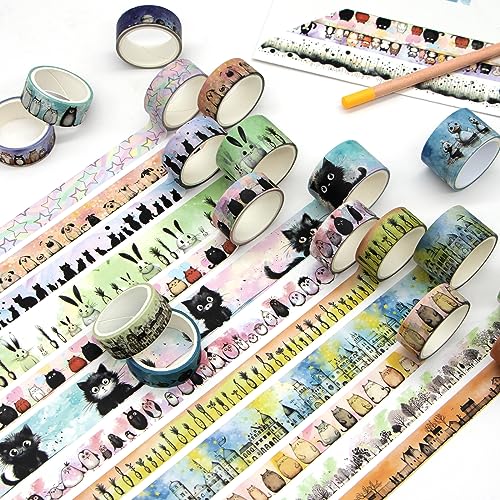 Kawaii Washi Tape Set 24 Rolls - Cute Animals for Scrapbook Journal Craft | 24 rolls cute animal designs, 1.5cm & 2.5cm widths, 3m each, easy tear, no residue, kawaii scrapbook & journal decor