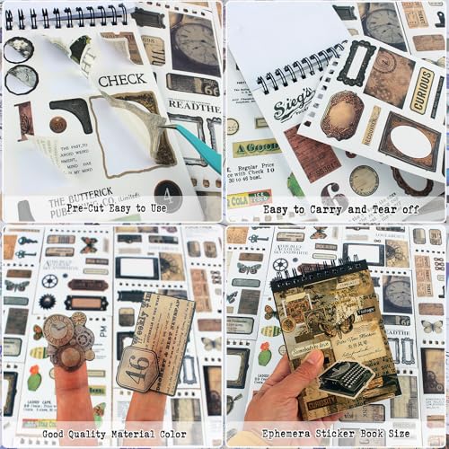 50 Sheets Precut Dark Academia Washi Stickers Book for Journaling, 604PCS Vintage Scrapbook Stickers, Ephemera for Junk Journal Supplies, Scrapbooking, Bujo, Collage, Adults Crafts Arts - color: Retro Time