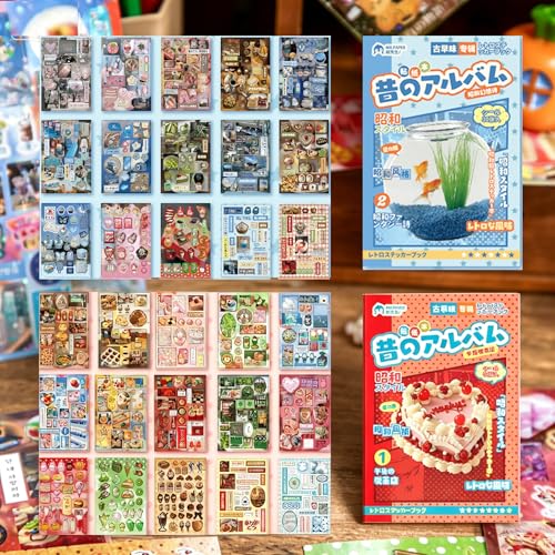 Kawaii Japanese Sticker Book 2-Pack, Vintage Cafe & Goldfish Tank Showa Retro Aesthetic Stickers for Journaling, Scrapbooking, Planner & DIY Handcraft Projects - color: Red-blue