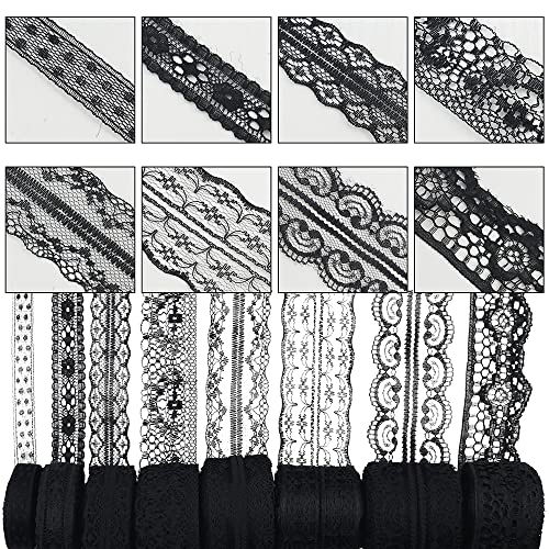 80 Yards Black Lace Trim Ribbon,8 Rolls Crochet Sewing Assorted Patterns Vintage Floral Lace Ribbons for Sewing DIY,Gift Wrap,Scrapbooking, Bridal Shower Wedding Decor, 10 Yards Each Roll - color: Black