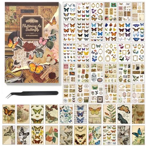 Butterfly Washi Sticker Book for Journaling, 30 Sheets 500+ Vintage Scrapbook Stickers for Junk Journal Supplies, 20 A5 Scrapbook Paper for DIY Arts and Crafts, Aesthetic Sticker Book for Adults Women - color: Fluttering as Butterfly