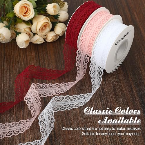 Lace Ribbon Red Vintage Crochet Trim for Sewing, Gift Wrapping, Wedding Decor, Dress Embellishment, Flower Arrangements, DIY Crafts and Party Decorations, 25 Yards 1 Inch - color: Red