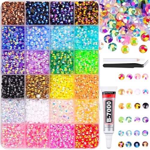 6600Pcs Resin Rhinestones for Crafting with Tweezers, Mixed-Color 5mm Bedazzling Crystal with 1Pcs 10ml B7000 Jewelry Glue for DIY Crafts Clothing Tumblers Shoes Fabric Nail Art - color: 24 Colors Jelly AB| 5mm, size: Large Pack with Glue