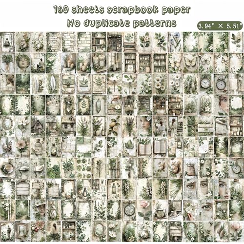 160 Sheets Vintage Flower Scrapbook Paper Green Collage Flowers No Repeating Patterns Perfect for Junk Journal DIY Cards Craft Albums Scrapbooking Supplies (Green, 3.9 x 5.5 inches) - color: Green