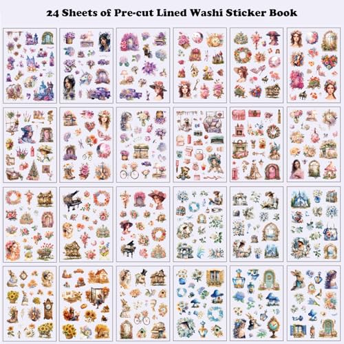 Aesthetic Washi Sticker Book,426pcs Scrapbook Stickers for Adults Pre-Cut Bullet Journal Stickers for Scrapbooking Supplies Vintage Ladies Flowers Sticker for Journaling Ephemera for Junk Journals - color: Ancient Flower Roll
