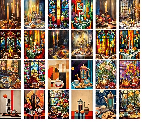 PIXILUV Vintage Postcards (24 pcs 4"x6" each) Interesting Stylish Scenes of Afternoon Tea Vintage Postcards Retro Greeting Card Book Illustration Reprint - color: White