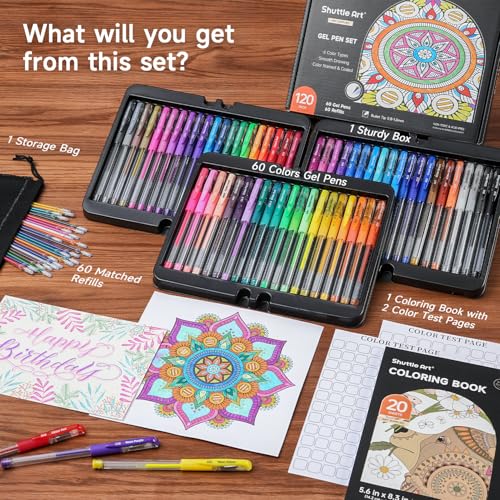 Shuttle Art Gel Pens, 120 Pack Gel Pen Set Packed in Sturdy Box, 60 Unique Colors with 60 Refills for Adults Coloring Books Drawing Doodling Crafts Scrapbooking Journaling - color: 120 Pack in Box